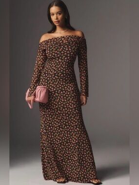 AFRM long sleeve off the shoulder mesh maxi dress red pattern XS